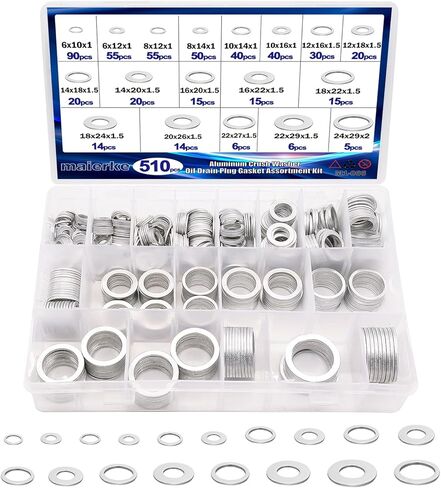 580PCS Crush Washer Oil Drain Plug,18 Sizes Aluminum Oil Drain Plug Gasket Assortment,Automotive Engine Oil Plug Crush Washers (M6 M8 M10 M12 M14 M16 M18 M20 M22 M24) in Kuwait