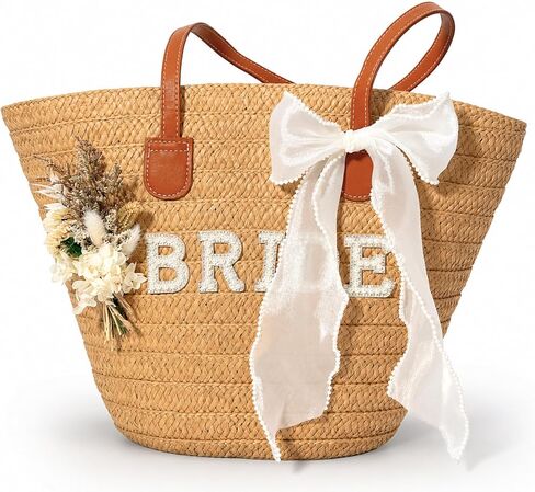 Straw Tote Bag for Bride, Large Capacity Rhinestone Letter Wedding Bag with Detachable Bow & Flower, Bridal Shower Bachelorette Honeymoon Beach Gift for Women in Kuwait