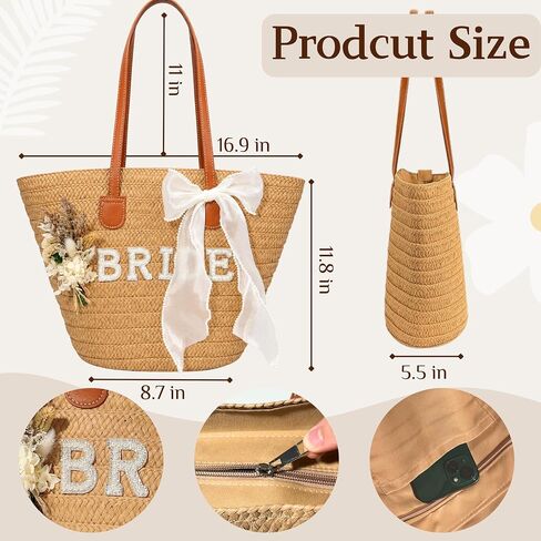 Straw Tote Bag for Bride, Large Capacity Rhinestone Letter Wedding Bag with Detachable Bow & Flower, Bridal Shower Bachelorette Honeymoon Beach Gift for Women in Kuwait
