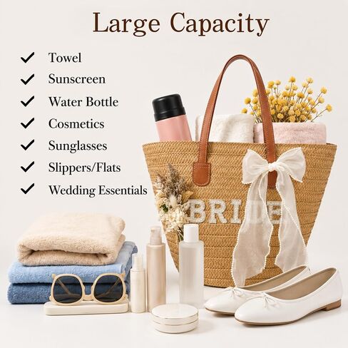 Straw Tote Bag for Bride, Large Capacity Rhinestone Letter Wedding Bag with Detachable Bow & Flower, Bridal Shower Bachelorette Honeymoon Beach Gift for Women in Kuwait