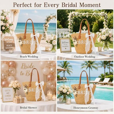 Straw Tote Bag for Bride, Large Capacity Rhinestone Letter Wedding Bag with Detachable Bow & Flower, Bridal Shower Bachelorette Honeymoon Beach Gift for Women in Kuwait