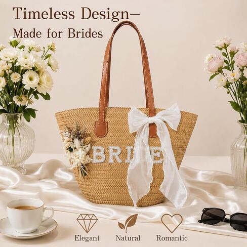Straw Tote Bag for Bride, Large Capacity Rhinestone Letter Wedding Bag with Detachable Bow & Flower, Bridal Shower Bachelorette Honeymoon Beach Gift for Women in Kuwait
