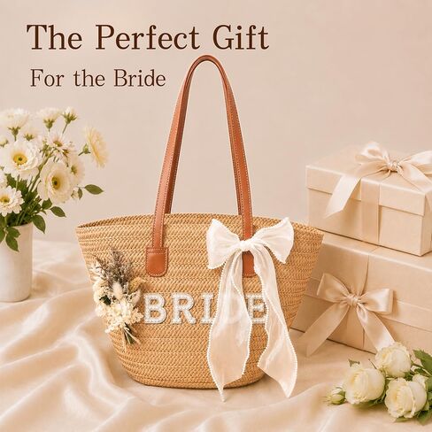 Straw Tote Bag for Bride, Large Capacity Rhinestone Letter Wedding Bag with Detachable Bow & Flower, Bridal Shower Bachelorette Honeymoon Beach Gift for Women in Kuwait
