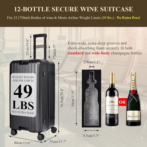 12-Bottle Wine Suitcase for airplanes Travel, TSA-Approved Checked Luggage, PC Hard Shell with Shockproof Foam, Maximum Protection for Airline Transport of Wine Bottles (12 bottles) in Kuwait