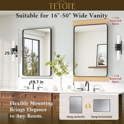 TETOTE Black Bathroom Mirror 20 x 30 Inch Matte Black Bathroom Mirrors, Tempered Glass, Modern Farmhouse Wall Mounted Mirror for Decorative(Horizontal/Vertical) in Kuwait