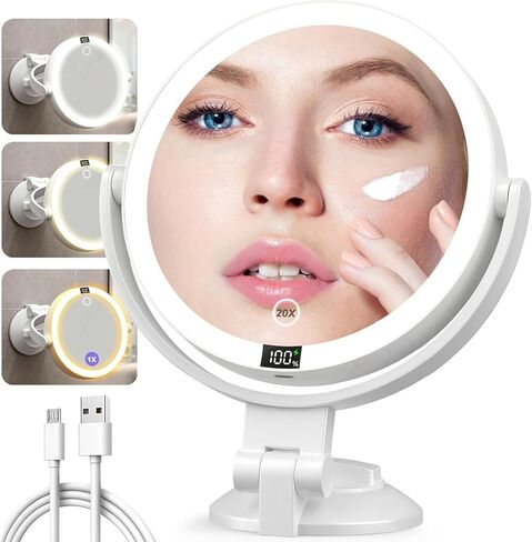 Shinowa Makeup Mirror with Lights, 20X Wall Mounted Lighted Magnifying Mirror, 2-Sided Vanity Mirror with 3 Color Lights & Brightness Adjustment, 360° Rotation Rechargeable Desk Mirror, Travel Mirror in Saudi Arabia