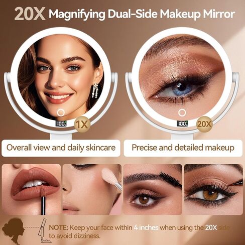 Shinowa Makeup Mirror with Lights, 20X Wall Mounted Lighted Magnifying Mirror, 2-Sided Vanity Mirror with 3 Color Lights & Brightness Adjustment, 360° Rotation Rechargeable Desk Mirror, Travel Mirror in Saudi Arabia