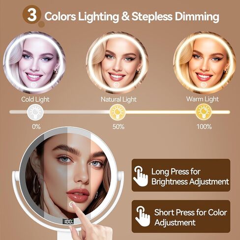 Shinowa Makeup Mirror with Lights, 20X Wall Mounted Lighted Magnifying Mirror, 2-Sided Vanity Mirror with 3 Color Lights & Brightness Adjustment, 360° Rotation Rechargeable Desk Mirror, Travel Mirror in Saudi Arabia