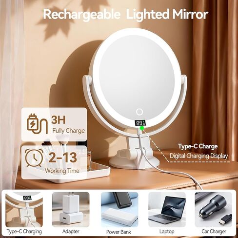 Shinowa Makeup Mirror with Lights, 20X Wall Mounted Lighted Magnifying Mirror, 2-Sided Vanity Mirror with 3 Color Lights & Brightness Adjustment, 360° Rotation Rechargeable Desk Mirror, Travel Mirror in Saudi Arabia
