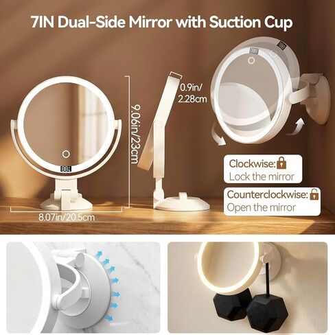Shinowa Makeup Mirror with Lights, 20X Wall Mounted Lighted Magnifying Mirror, 2-Sided Vanity Mirror with 3 Color Lights & Brightness Adjustment, 360° Rotation Rechargeable Desk Mirror, Travel Mirror in Saudi Arabia