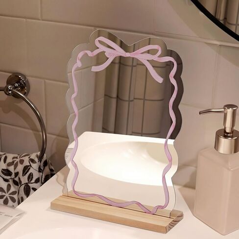 Pink Bow Mirror Coquette Small Bow Shaped Makeup Mirror with Stand Women Cute Girly Decor Aesthetic Vanity Acrylic Mirrors Frameless Pink Desk Accessories for Home Bedroom Office Teens Dorm in Kuwait