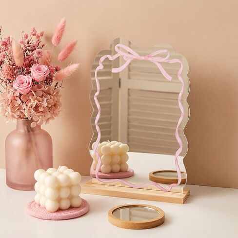 Pink Bow Mirror Coquette Small Bow Shaped Makeup Mirror with Stand Women Cute Girly Decor Aesthetic Vanity Acrylic Mirrors Frameless Pink Desk Accessories for Home Bedroom Office Teens Dorm in Kuwait