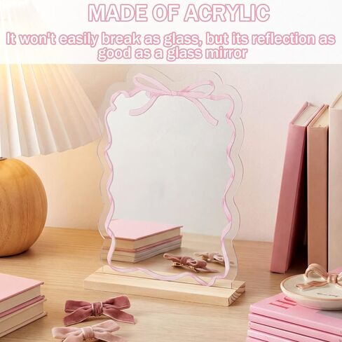 Pink Bow Mirror Coquette Small Bow Shaped Makeup Mirror with Stand Women Cute Girly Decor Aesthetic Vanity Acrylic Mirrors Frameless Pink Desk Accessories for Home Bedroom Office Teens Dorm in Kuwait