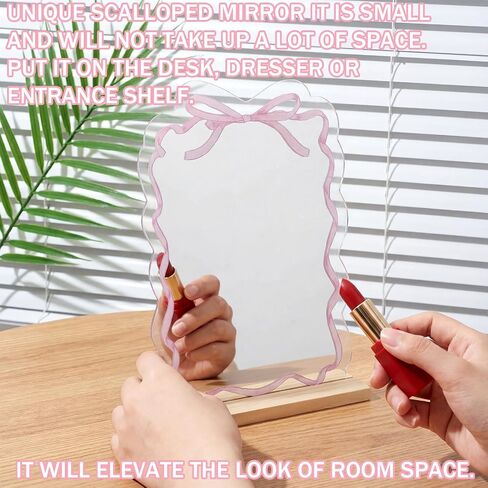 Pink Bow Mirror Coquette Small Bow Shaped Makeup Mirror with Stand Women Cute Girly Decor Aesthetic Vanity Acrylic Mirrors Frameless Pink Desk Accessories for Home Bedroom Office Teens Dorm in Kuwait