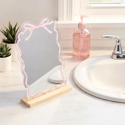 Pink Bow Mirror Coquette Small Bow Shaped Makeup Mirror with Stand Women Cute Girly Decor Aesthetic Vanity Acrylic Mirrors Frameless Pink Desk Accessories for Home Bedroom Office Teens Dorm in Kuwait