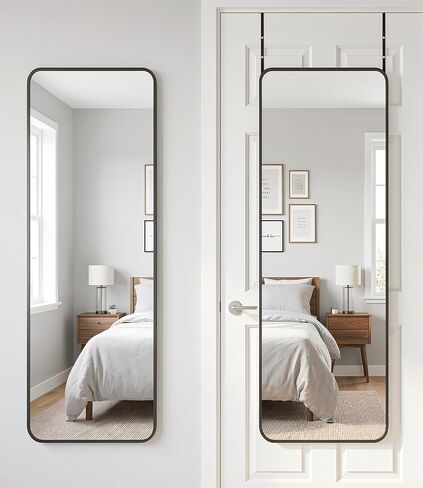 Antok 58"x20" Over the Door Mirror, Full Length Mirror Door Hanging with Aluminum Metal Frame, Rectangle Wall Mounted Body Mirrors for Bedroom, Dressing & Makeup Mirrors for Daily Outfit Check, Black in Saudi Arabia