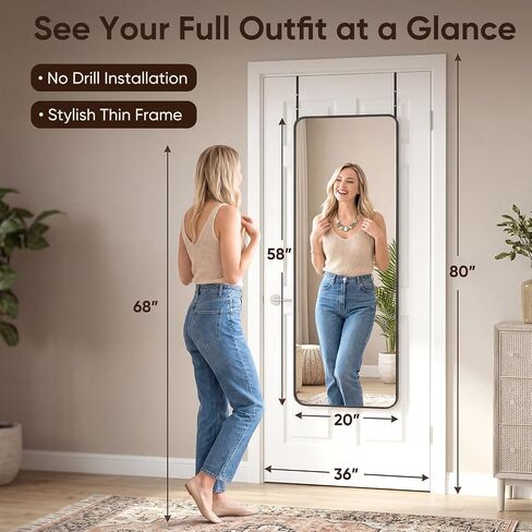 Antok 58"x20" Over the Door Mirror, Full Length Mirror Door Hanging with Aluminum Metal Frame, Rectangle Wall Mounted Body Mirrors for Bedroom, Dressing & Makeup Mirrors for Daily Outfit Check, Black in Saudi Arabia
