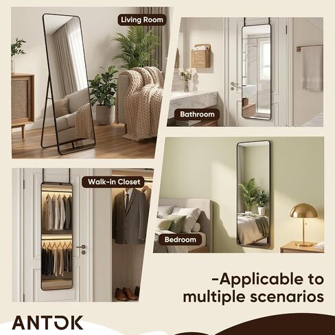 Antok 58"x20" Over the Door Mirror, Full Length Mirror Door Hanging with Aluminum Metal Frame, Rectangle Wall Mounted Body Mirrors for Bedroom, Dressing & Makeup Mirrors for Daily Outfit Check, Black in Saudi Arabia