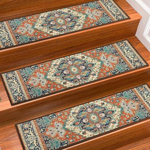 Stair Treads for Wooden Steps Indoor, 15 Pack 8" X 30" Non Slip Carpet Stair Treads with Reusable Adhesive for Kids Elders and Dogs, TPR Backing Stair Rugs Oriental Staircase Step Treads,Bohemia in Kuwait