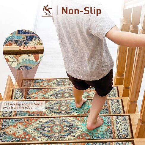 Stair Treads for Wooden Steps Indoor, 15 Pack 8" X 30" Non Slip Carpet Stair Treads with Reusable Adhesive for Kids Elders and Dogs, TPR Backing Stair Rugs Oriental Staircase Step Treads,Bohemia in Kuwait