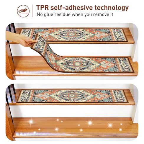Stair Treads for Wooden Steps Indoor, 15 Pack 8" X 30" Non Slip Carpet Stair Treads with Reusable Adhesive for Kids Elders and Dogs, TPR Backing Stair Rugs Oriental Staircase Step Treads,Bohemia in Kuwait