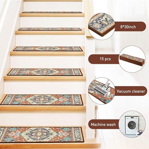 Stair Treads for Wooden Steps Indoor, 15 Pack 8" X 30" Non Slip Carpet Stair Treads with Reusable Adhesive for Kids Elders and Dogs, TPR Backing Stair Rugs Oriental Staircase Step Treads,Bohemia in Kuwait