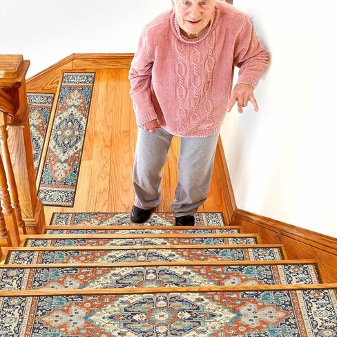 Stair Treads for Wooden Steps Indoor, 15 Pack 8" X 30" Non Slip Carpet Stair Treads with Reusable Adhesive for Kids Elders and Dogs, TPR Backing Stair Rugs Oriental Staircase Step Treads,Bohemia in Kuwait
