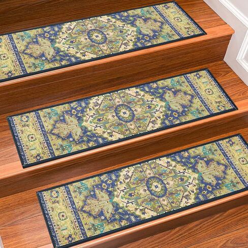 Stair Treads for Wooden Steps Indoor, 15 Pack 8" X 30" Non Slip Carpet Stair Treads with Reusable Adhesive for Kids Elders and Dogs, TPR Backing Stair Rugs Oriental Staircase Step Treads,Bohemia in Kuwait