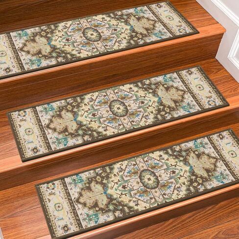 Stair Treads for Wooden Steps Indoor, 15 Pack 8" X 30" Non Slip Carpet Stair Treads with Reusable Adhesive for Kids Elders and Dogs, TPR Backing Stair Rugs Oriental Staircase Step Treads,Bohemia in Kuwait