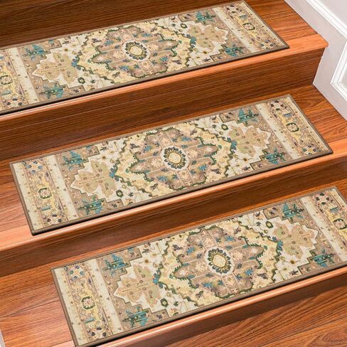Stair Treads for Wooden Steps Indoor, 15 Pack 8" X 30" Non Slip Carpet Stair Treads with Reusable Adhesive for Kids Elders and Dogs, TPR Backing Stair Rugs Oriental Staircase Step Treads,Bohemia in Kuwait