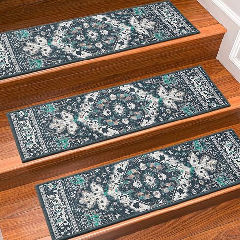 Stair Treads for Wooden Steps Indoor, 15 Pack 8" X 30" Non Slip Carpet Stair Treads with Reusable Adhesive for Kids Elders and Dogs, TPR Backing Stair Rugs Oriental Staircase Step Treads,Bohemia in Kuwait