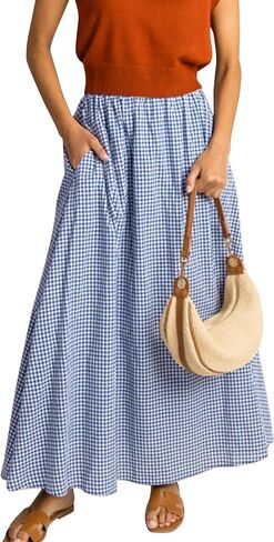HangNiFang Summer Long Plaid Maxi Skirt for Women Elastic Pleated A-Line Gingham Skirt with Two Pockets in Saudi Arabia