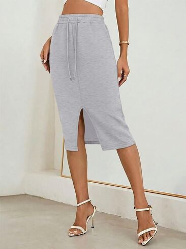 Trendy Drawstring Slit Maxi Skirt for Women, High Waist Casual Stretch Skirt for All Occasions in Kuwait