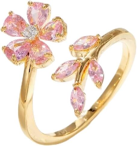 Delicate Flower Leaf Wrap Finger Ring for Women, statement rings Gold-Tone Plated Floral Rhinestone Adjustable Open Rings Romantic Pink Crystal Flower Statement Jewelry for Valentine's Day in Kuwait