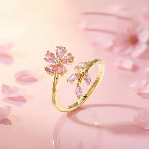Delicate Flower Leaf Wrap Finger Ring for Women, statement rings Gold-Tone Plated Floral Rhinestone Adjustable Open Rings Romantic Pink Crystal Flower Statement Jewelry for Valentine's Day in Kuwait