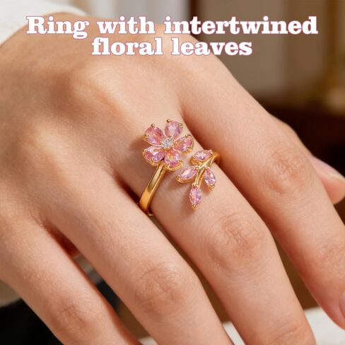 Delicate Flower Leaf Wrap Finger Ring for Women, statement rings Gold-Tone Plated Floral Rhinestone Adjustable Open Rings Romantic Pink Crystal Flower Statement Jewelry for Valentine's Day in Kuwait