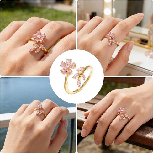 Delicate Flower Leaf Wrap Finger Ring for Women, statement rings Gold-Tone Plated Floral Rhinestone Adjustable Open Rings Romantic Pink Crystal Flower Statement Jewelry for Valentine's Day in Kuwait