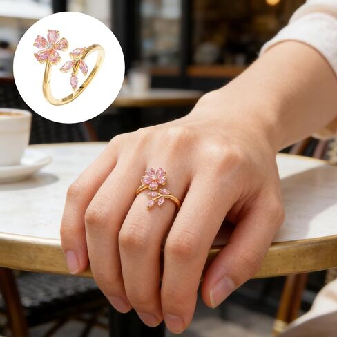 Delicate Flower Leaf Wrap Finger Ring for Women, statement rings Gold-Tone Plated Floral Rhinestone Adjustable Open Rings Romantic Pink Crystal Flower Statement Jewelry for Valentine's Day in Kuwait