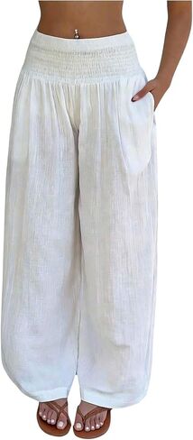 Verdusa Women's Flowy Linen Palazzo Pants Shirred Sheer High Waisted Wide Leg Beach Trousers with Pockets in Kuwait