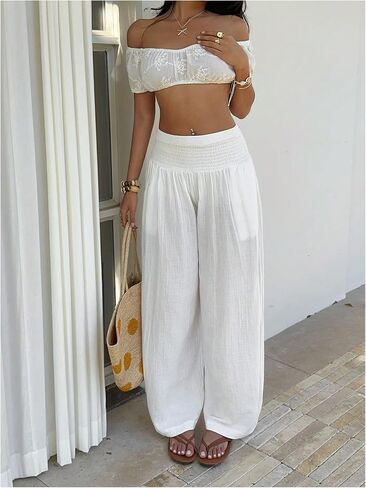 Verdusa Women's Flowy Linen Palazzo Pants Shirred Sheer High Waisted Wide Leg Beach Trousers with Pockets in Kuwait