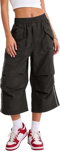 Bakyarder Women’s Parachute Pants Baggy Wide Leg Cropped Capri Y2K Streetwear Drawstring Waist with Pockets in Saudi Arabia