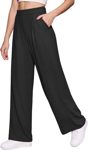 MANGOPOP Wide Leg Pants Woman High Waisted Stretchy Work Pants Waffle Knit Slacks Trousers for Business Casual in Kuwait