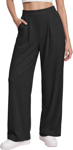 MANGOPOP Wide Leg Pants Woman High Waisted Stretchy Work Pants Waffle Knit Slacks Trousers for Business Casual in Kuwait