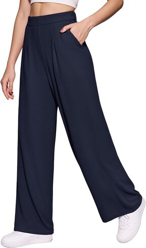 MANGOPOP Wide Leg Pants Woman High Waisted Stretchy Work Pants Waffle Knit Slacks Trousers for Business Casual in Kuwait