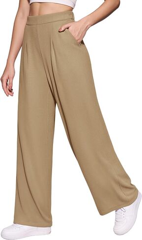 MANGOPOP Wide Leg Pants Woman High Waisted Stretchy Work Pants Waffle Knit Slacks Trousers for Business Casual in Kuwait
