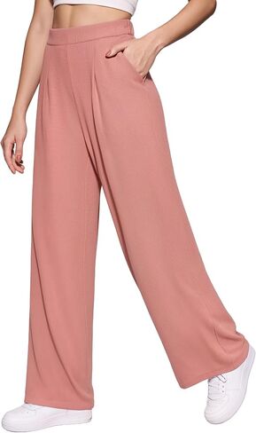 MANGOPOP Wide Leg Pants Woman High Waisted Stretchy Work Pants Waffle Knit Slacks Trousers for Business Casual in Kuwait