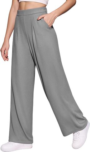 MANGOPOP Wide Leg Pants Woman High Waisted Stretchy Work Pants Waffle Knit Slacks Trousers for Business Casual in Kuwait