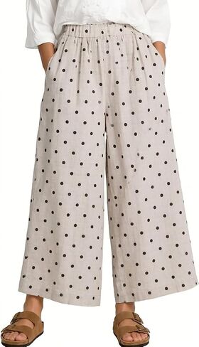 Womens Polka Dot Cotton Linen Pants Palazzo Summer Cropped Trousers Casual Elastic Waist Wide Leg Pants with Pockets in Saudi Arabia