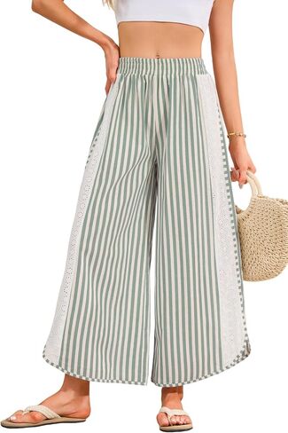 Women Striped Wide Leg Pants Summer Casual Elastic Waisted Baggy Pants Beach Boho Loose Lounge Palazzo Trousers in Kuwait