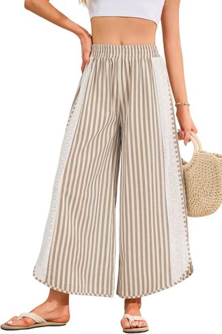 Women Striped Wide Leg Pants Summer Casual Elastic Waisted Baggy Pants Beach Boho Loose Lounge Palazzo Trousers in Kuwait